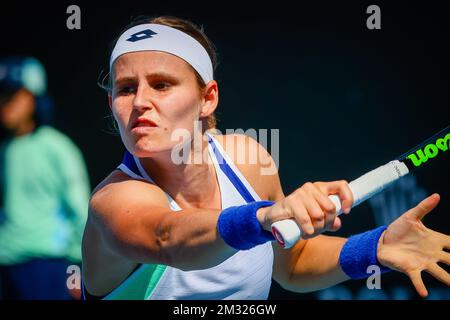 Belgischer Greet Greetje Minnen (WTA 119) in Aktion während eines Tennisspiels gegen Belo-Russian Sasnovich (WTA 94), in der ersten Runde des Frauenwettbewerbs „Australian Open“ Tennis Grand Slam, Dienstag, 21. Januar 2020 in Melbourne, Australien. BELGA FOTO PATRICK HAMILTON Stockfoto