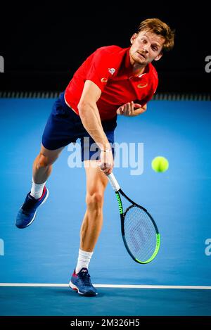 Der belgische David Goffin spielt während eines Tennisspiels zwischen dem belgischen Goffin (ATP 11) und dem französischen Chardy (ATP 56) in der ersten Runde des Herrenwettbewerbs „Australian Open“ Tennis Grand Slam, Dienstag, den 21. Januar 2020 in Melbourne, Australien. BELGA FOTO PATRICK HAMILTON Stockfoto