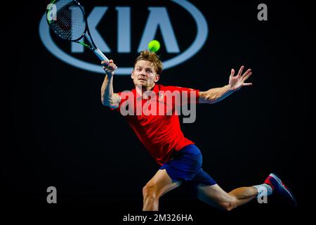 Der belgische David Goffin in Aktion während eines Tennisspiels zwischen belgischem Goffin (ATP 11) und französischem Chardy (ATP 56), in der ersten Runde des Herrenspiels des „Australian Open“ Tennis Grand Slam, Dienstag, den 21. Januar 2020 in Melbourne, Australien. BELGA FOTO PATRICK HAMILTON Stockfoto
