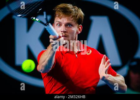 Der belgische David Goffin in Aktion während eines Tennisspiels zwischen belgischem Goffin (ATP 11) und französischem Chardy (ATP 56), in der ersten Runde des Herrenspiels des „Australian Open“ Tennis Grand Slam, Dienstag, den 21. Januar 2020 in Melbourne, Australien. BELGA FOTO PATRICK HAMILTON Stockfoto