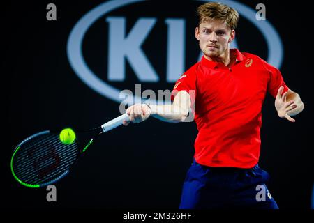 Der belgische David Goffin in Aktion während eines Tennisspiels zwischen belgischem Goffin (ATP 11) und französischem Chardy (ATP 56), in der ersten Runde des Herrenspiels des „Australian Open“ Tennis Grand Slam, Dienstag, den 21. Januar 2020 in Melbourne, Australien. BELGA FOTO PATRICK HAMILTON Stockfoto