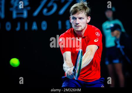 Der belgische David Goffin in Aktion während eines Tennisspiels zwischen belgischem Goffin (ATP 11) und französischem Chardy (ATP 56), in der ersten Runde des Herrenspiels des „Australian Open“ Tennis Grand Slam, Dienstag, den 21. Januar 2020 in Melbourne, Australien. BELGA FOTO PATRICK HAMILTON Stockfoto