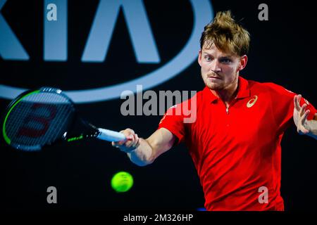 Der belgische David Goffin in Aktion während eines Tennisspiels zwischen belgischem Goffin (ATP 11) und französischem Chardy (ATP 56), in der ersten Runde des Herrenspiels des „Australian Open“ Tennis Grand Slam, Dienstag, den 21. Januar 2020 in Melbourne, Australien. BELGA FOTO PATRICK HAMILTON Stockfoto