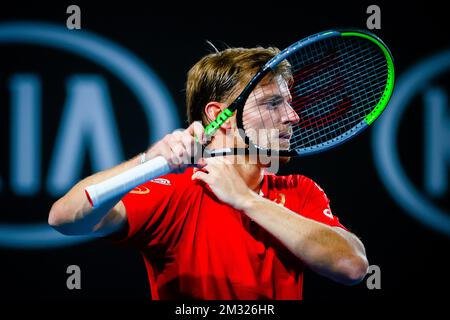 Der belgische David Goffin in Aktion während eines Tennisspiels zwischen belgischem Goffin (ATP 11) und französischem Chardy (ATP 56), in der ersten Runde des Herrenspiels des „Australian Open“ Tennis Grand Slam, Dienstag, den 21. Januar 2020 in Melbourne, Australien. BELGA FOTO PATRICK HAMILTON Stockfoto