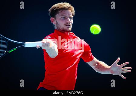 Der belgische David Goffin (ATP 11) wurde während eines Tennisspiels gegen den russischen Andrey Rublev (ATP 16) in der dritten Runde des Herrenwettbewerbs auf dem „Australian Open“ Tennis Grand Slam am Samstag, den 25. Januar 2020 in Melbourne, Australien, in Aktion gezeigt. Stockfoto