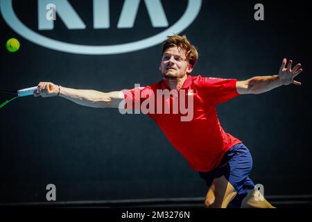 Der belgische David Goffin (ATP 11) wurde während eines Tennisspiels gegen den russischen Andrey Rublev (ATP 16) in der dritten Runde des Herrenwettbewerbs auf dem „Australian Open“ Tennis Grand Slam am Samstag, den 25. Januar 2020 in Melbourne, Australien, in Aktion gezeigt. Stockfoto