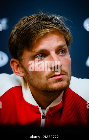 Der belgische David Goffin (ATP 11) spricht mit der Presse nach einem Tennisspiel gegen den russischen Andrey Rublev (ATP 16) in der dritten Runde des Herrenwettbewerbs auf dem „Australian Open“ Tennis Grand Slam am Samstag, den 25. Januar 2020 in Melbourne, Australien. Stockfoto