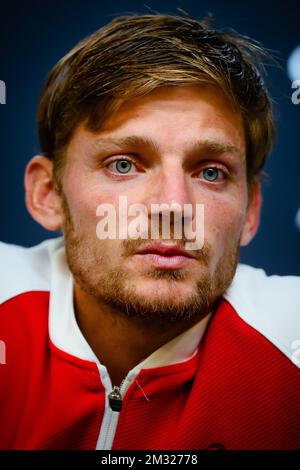 Der belgische David Goffin (ATP 11) spricht mit der Presse nach einem Tennisspiel gegen den russischen Andrey Rublev (ATP 16) in der dritten Runde des Herrenwettbewerbs auf dem „Australian Open“ Tennis Grand Slam am Samstag, den 25. Januar 2020 in Melbourne, Australien. Stockfoto