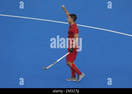 Der belgische Alexander Hendrickx feiert sein Turnier, nachdem er während eines Hockeyspiels zwischen der belgischen Nationalmannschaft The Red Lions und Australien ein Tor geschossen hat. Das Spiel war 2 von 16 in der Gruppenphase des FIH Pro League-Wettbewerbs für Männer, Sonntag, den 26. Januar 2020 in Sydney, Australien. BELGA FOTO STEVE CHRISTO Stockfoto