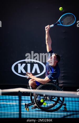 Der belgische Joachim Gerard wurde während des Tennisspiels zwischen dem belgischen Joachim Gerard und der australischen Ben Weekes (ATP 21), beim Viertelfinalspiel der Rollstuhl-Singles für Herren, beim „Australian Open“ Tennis Grand Slam am Mittwoch, den 29. Januar 2020 in Melbourne, Australien, abgebildet. Stockfoto