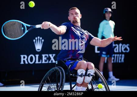 Der belgische Joachim Gerard wurde während des Tennisspiels zwischen dem belgischen Joachim Gerard und der australischen Ben Weekes (ATP 21), beim Viertelfinalspiel der Rollstuhl-Singles für Herren, beim „Australian Open“ Tennis Grand Slam am Mittwoch, den 29. Januar 2020 in Melbourne, Australien, abgebildet. Stockfoto