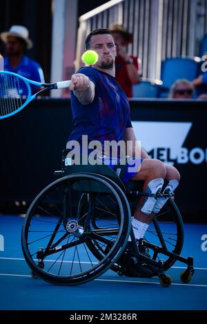 Der belgische Joachim Gerard wurde während des Tennisspiels zwischen dem belgischen Joachim Gerard und der australischen Ben Weekes (ATP 21), beim Viertelfinalspiel der Rollstuhl-Singles für Herren, beim „Australian Open“ Tennis Grand Slam am Mittwoch, den 29. Januar 2020 in Melbourne, Australien, abgebildet. Stockfoto