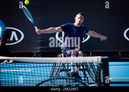Der belgische Joachim Gerard wurde während des Tennisspiels zwischen dem belgischen Joachim Gerard und der australischen Ben Weekes (ATP 21), beim Viertelfinalspiel der Rollstuhl-Singles für Herren, beim „Australian Open“ Tennis Grand Slam am Mittwoch, den 29. Januar 2020 in Melbourne, Australien, abgebildet. Stockfoto