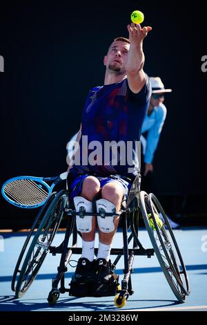Der belgische Joachim Gerard wurde während des Tennisspiels zwischen dem belgischen Joachim Gerard und der australischen Ben Weekes (ATP 21), beim Viertelfinalspiel der Rollstuhl-Singles für Herren, beim „Australian Open“ Tennis Grand Slam am Mittwoch, den 29. Januar 2020 in Melbourne, Australien, abgebildet. Stockfoto