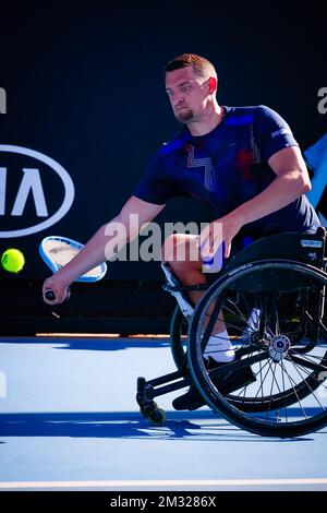 Der belgische Joachim Gerard wurde während des Tennisspiels zwischen dem belgischen Joachim Gerard und der australischen Ben Weekes (ATP 21), beim Viertelfinalspiel der Rollstuhl-Singles für Herren, beim „Australian Open“ Tennis Grand Slam am Mittwoch, den 29. Januar 2020 in Melbourne, Australien, abgebildet. Stockfoto