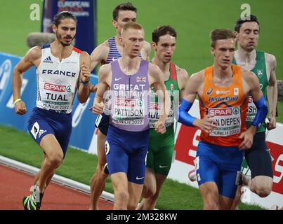TUAL Gabriel of France , PATTISON Ben , WIGHTMAN Jake of Great Britain , HULLER Dániel of Hungary , ENGLISH Mark of Ireland und VAN DIEPEN Tony of Netherlands MEN's 800m SEMIFINAL 2 während der Europameisterschaft der Leichtathletik 2022 am 18. August 2022 in München, Deutschland - Photo Laurent Lairys / DPPI Stockfoto