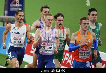 TUAL Gabriel of France , PATTISON Ben , WIGHTMAN Jake of Great Britain , HULLER Dániel of Hungary , ENGLISH Mark of Ireland und VAN DIEPEN Tony of Netherlands MEN's 800m SEMIFINAL 2 während der Europameisterschaft der Leichtathletik 2022 am 18. August 2022 in München, Deutschland - Photo Laurent Lairys / DPPI Stockfoto