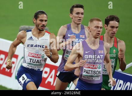 TUAL Gabriel of France  , PATTISON Ben , WIGHTMAN Jake of Great Britain and HULLER Dániel of Hungary MEN'S 800M SEMIFINAL 2 during the European Athletics Championships 2022 on August 18, 2022 in Munich, Germany - Photo Laurent Lairys / DPPI Stockfoto