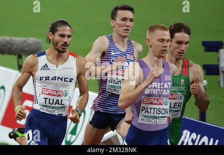 TUAL Gabriel of France  , PATTISON Ben , WIGHTMAN Jake of Great Britain and HULLER Dániel of Hungary MEN'S 800M SEMIFINAL 2 during the European Athletics Championships 2022 on August 18, 2022 in Munich, Germany - Photo Laurent Lairys / DPPI Stockfoto