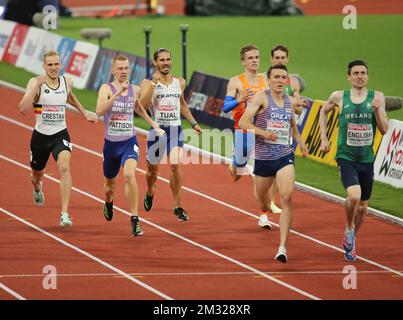 TUAL Gabriel of France , PATTISON Ben , WIGHTMAN Jake of Great Britain , HULLER Dániel of Hungary , ENGLISH Mark of Ireland , VAN DIEPEN Tony of Netherlands und CRESTAN Eliott of Belgium MÄNNER's 800m SEMIFINAL 2 während der Europameisterschaft der Leichtathletik 2022 am 18. August 2022 in München, Deutschland - Photo Laurent Lairys / DPPI Stockfoto