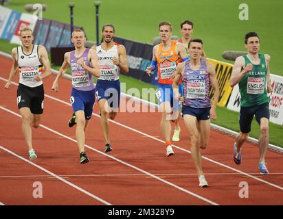 TUAL Gabriel of France , PATTISON Ben , WIGHTMAN Jake of Great Britain , HULLER Dániel of Hungary , ENGLISH Mark of Ireland , VAN DIEPEN Tony of Netherlands und CRESTAN Eliott of Belgium MÄNNER's 800m SEMIFINAL 2 während der Europameisterschaft der Leichtathletik 2022 am 18. August 2022 in München, Deutschland - Photo Laurent Lairys / DPPI Stockfoto