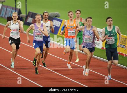 TUAL Gabriel of France , PATTISON Ben , WIGHTMAN Jake of Great Britain , HULLER Dániel of Hungary , ENGLISH Mark of Ireland , VAN DIEPEN Tony of Netherlands und CRESTAN Eliott of Belgium MÄNNER's 800m SEMIFINAL 2 während der Europameisterschaft der Leichtathletik 2022 am 18. August 2022 in München, Deutschland - Photo Laurent Lairys / DPPI Stockfoto