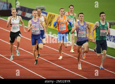 TUAL Gabriel of France , PATTISON Ben , WIGHTMAN Jake of Great Britain , HULLER Dániel of Hungary , ENGLISH Mark of Ireland , VAN DIEPEN Tony of Netherlands und CRESTAN Eliott of Belgium MÄNNER's 800m SEMIFINAL 2 während der Europameisterschaft der Leichtathletik 2022 am 18. August 2022 in München, Deutschland - Photo Laurent Lairys / DPPI Stockfoto