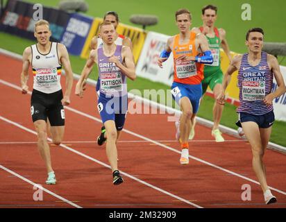 TUAL Gabriel of France , PATTISON Ben , WIGHTMAN Jake of Great Britain , HULLER Dániel of Hungary , VAN DIEPEN Tony of Netherlands und CRESTAN Eliott of Belgium MEN's 800m SEMIFINAL 2 während der Europameisterschaft der Leichtathletik 2022 am 18. August 2022 in München, Deutschland - Photo Laurent Lairys / DPPI Stockfoto