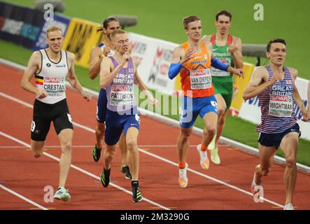 TUAL Gabriel of France , PATTISON Ben , WIGHTMAN Jake of Great Britain , HULLER Dániel of Hungary , VAN DIEPEN Tony of Netherlands und CRESTAN Eliott of Belgium MEN's 800m SEMIFINAL 2 während der Europameisterschaft der Leichtathletik 2022 am 18. August 2022 in München, Deutschland - Photo Laurent Lairys / DPPI Stockfoto