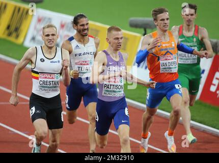 TUAL Gabriel von Frankreich , PATTISON Ben , HULLER Dániel von Ungarn , VAN DIEPEN Tony von den Niederlanden und CRESTAN Eliott von Belgien HALBFINALE 800m FÜR MÄNNER 2 während der Europameisterschaft der Leichtathletik 2022 am 18. August 2022 in München - Photo Laurent Lairys / DPPI Stockfoto