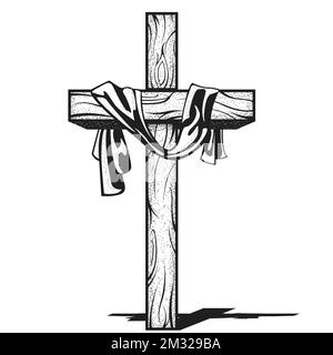 Cross with canvas, crucifix with hanging down fabric, resurrection after crucifixion of Jesus, christianity symbol, vector Stock Vector