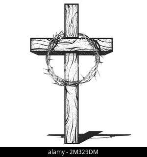 Crown of thorns of Jesus Christ on cross, crucifixion thorn or prickly wreath, religious symbol of Christianity, vector Stock Vector