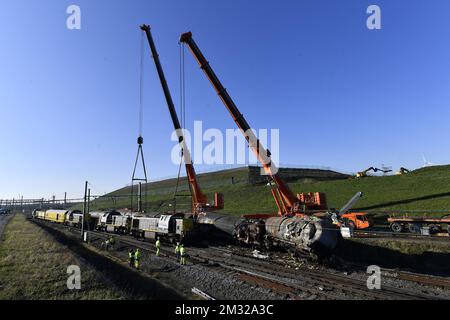 Große Kräne heben Zugwaggons an der Stelle eines Zugunfalls an, der sich gestern im Hafen von Antwerpen ereignet hat, Freitag, den 07. Februar 2020. Ein Güterzug und ein Triebwerk kollidierten, was zu schweren Schäden an den Zuganlagen im Hafen führte. Laut dem Infrastrukturunternehmen Infrabel wird der Verkehr mehrere Tage lang unterbrochen. BELGA FOTO JONAS ROOSENS Stockfoto