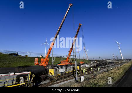 Große Kräne heben Zugwaggons an der Stelle eines Zugunfalls an, der sich gestern im Hafen von Antwerpen ereignet hat, Freitag, den 07. Februar 2020. Ein Güterzug und ein Triebwerk kollidierten, was zu schweren Schäden an den Zuganlagen im Hafen führte. Laut dem Infrastrukturunternehmen Infrabel wird der Verkehr mehrere Tage lang unterbrochen. BELGA FOTO DIRK WAEM Stockfoto