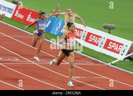 KAMBUNDJI Mujinga aus Suisse, KADDARI Dalia aus Italien und BURGHARDT Alexandra aus Deutschland FRAUENFINALE 200m bei der Europameisterschaft Leichtathletik 2022 am 18. August 2022 in München – Foto Laurent Lairys/DPPI Stockfoto