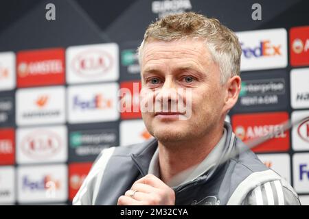 Der Manager Ole Gunnar Solskjaer von Manchester United wurde auf einer Pressekonferenz des englischen Vereins Manchester United in Brügge am Mittwoch, den 19. Februar 2020, vorgestellt. Morgen treffen sie den belgischen Fußballverein Brügge im Finale 1/16 der UEFA Europa League. BELGA FOTO BRUNO FAHY Stockfoto