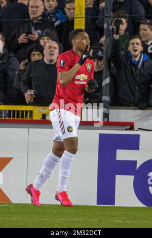 Der Anthony Martial von Manchester United feiert das Spiel, nachdem er am Donnerstag, den 20. Februar 2020, in Brügge in einem Spiel der UEFA Europa League 1/16 zwischen dem belgischen Fußballverein Brugge und dem englischen Verein Manchetser United in der UEFA Europa League einen Treffer erzielt hat. BELGA FOTO KURT DESPLENTER Stockfoto