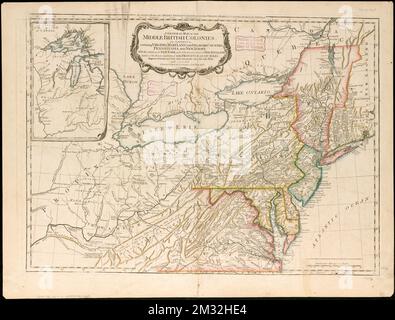 Eine allgemeine Karte der mittelbritischen Kolonien in Amerika mit Virginia, Maryland, den Delaware Counties, Pennsylvania und New Jersey: Mit der Hinzufügung von New York und dem größten Teil von New England, wie auch der angrenzenden Teile der Provinz Quebec, verbesserten sich die Ergebnisse mehrerer Untersuchungen, die nach dem Spätkrieg durchgeführt wurden, und korrigierten die späte Karte von Gouverneur Pownall 1776 , Nordoststaaten, Geschichte, Revolution, 1775-1783, Karten, frühe Werke der Norman B. Leventhal Map Center Collection 1800 Stockfoto