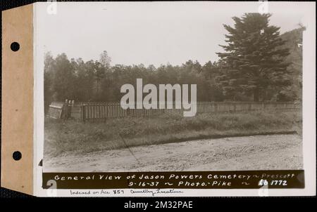 Allgemeiner Überblick über den Jason Powers Cemetery, Prescott, Mass., 16. September 1937 : Index gemäß 857, Friedhofsstandorte, Wasserwerke, Reservoirs, Wasserverteilungsstrukturen, Immobilien, Friedhöfe Stockfoto