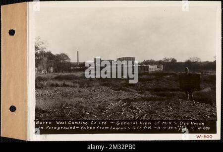 General view of mill, dye house in foreground (from lagoon), Barre Wool Combing Co., Barre, Mass., 3:45 PM, Oct. 9, 1934 , waterworks, real estate, rivers, watershed sanitary conditions, factories structures Stock Photo