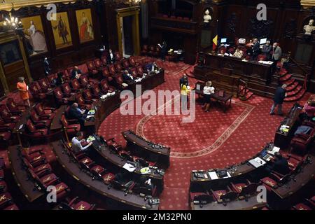 Illustration Bild, das während einer Plenarsitzung des Senats im bundesparlament in Brüssel am Freitag, den 12. Juni 2020 aufgenommen wurde, mit einer Abstimmung über einen neuen französischsprachigen Richter des Verfassungsgerichts. BELGA FOTO ERIC LALMAND Stockfoto