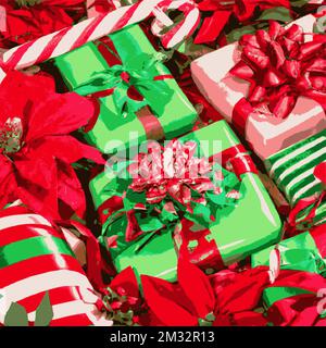 Weihnachtsgeschenkpakete, verpackt mit Bändern und Schleifen. Poinsettia, Zuckerrohr, grüne und rote Overhead-Gruppe. Stock Vektor