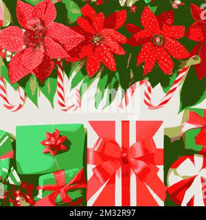 Weihnachtsgeschenkpakete, verpackt mit Bändern und Schleifen. Poinsettia, Zuckerrohr, grüne und rote Overhead-Gruppe. Stock Vektor