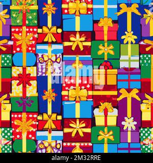 Weihnachtsgeschenkpakete, verpackt mit Bändern und Schleifen. Hintergrund mit farbenfroh dekorierten Geschenkboxen. Stock Vektor