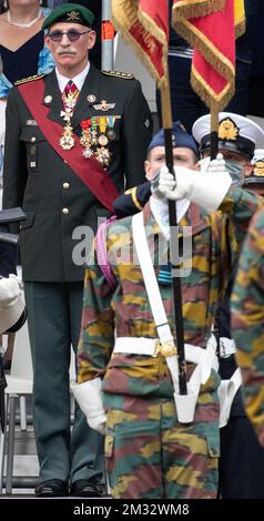 Ehemaliger Generalverteidiger Marc Compernol, Bild während der Zeremonie zur Übertragung des Befehls des belgischen Verteidigungschefs an der königlichen Militärschule in Brüssel, Freitag, den 10. Juli 2020. BELGA FOTO BENOIT DOPPPAGNE Stockfoto