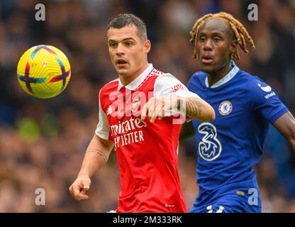 06 Nov 2022 - Chelsea v Arsenal - Premier League - Stamford Bridge   Arsenal's Granit Xhaka and Chelsea's Trevoh Chalobah during the Premier League match at Stamford Bridge.  Picture : Mark Pain / Alamy Stock Photo