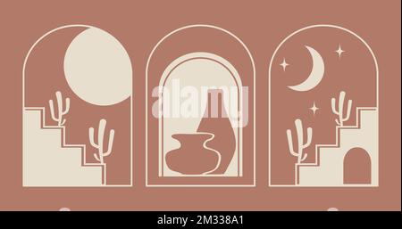 Set of vector linear boho emblems with east elements. Morocco architecture Stock Vector