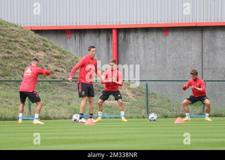 Hans Vanaken aus Belgien, Leandro Trossard aus Belgien und Dries Mertens aus Belgien wurden während eines Trainings der belgischen Fußballnationalmannschaft The Red Devils am Dienstag, den 01. September 2020 in Tubize vorgestellt. Das Team bereitet sich auf den internationalen Wettbewerb der Liga der Nationen vor. BELGA FOTO BRUNO FAHY Stockfoto