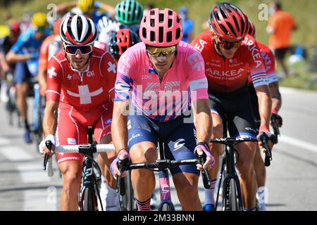 Alberto Bettiol von EF Pro Cycling in Aktion während der Etappe 16 der 107.. Ausgabe des Radrennens Tour de France von La Tour-de-Pin nach Villard-de-Lans (164km), in Frankreich, Dienstag, 15. September 2020. Die diesjährige Tour de France wurde aufgrund der weltweiten Covid-19-Pandemie verschoben. Das 2020-Rennen beginnt in Nizza am Samstag, den 29. August, und endet am 20. September. BELGA FOTO DAVID STOCKMAN Stockfoto