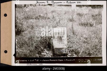 George E. Powers, Jason Powers Cemetery, lot 12, Prescott, Mass., July 17, 1934 : Miner E. Powers, Release 282 , waterworks, reservoirs water distribution structures, real estate, cemeteries Stock Photo